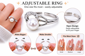 Pearl finger ring with cz accents, silver-tone, adjustable ring 3