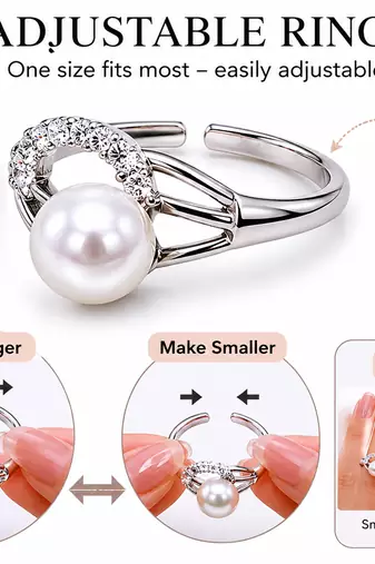 Pearl finger ring with cz accents, silver-tone, adjustable ring