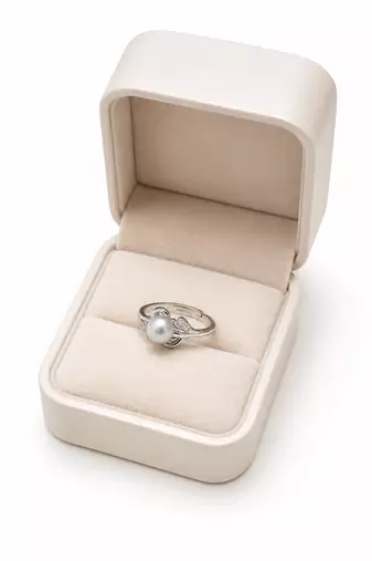 Pearl finger ring with cz accents, silver-tone, adjustable