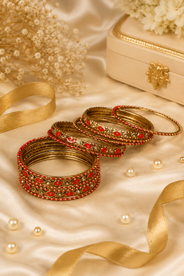 Designer Gold Plated Red Meenakari Bangle Set 1