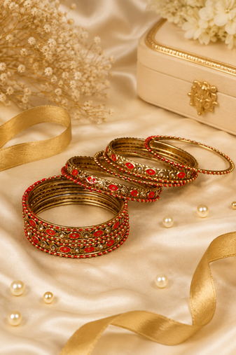 Designer Gold Plated Red Meenakari Bangle Set
