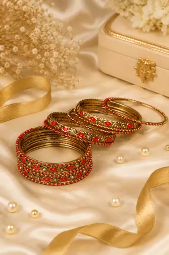 Designer Gold Plated Red Meenakari Bangle Set