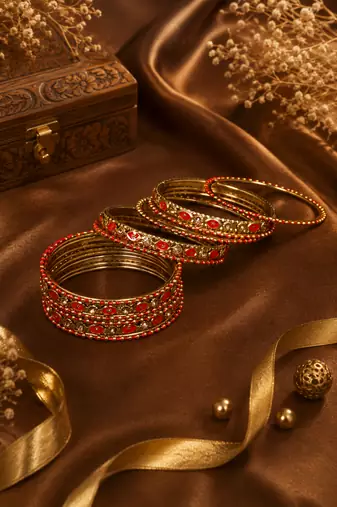 Designer Gold Plated Red Meenakari Bangle Set