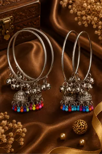 Silver Plated Jhumki Charm Bangle Set for Women