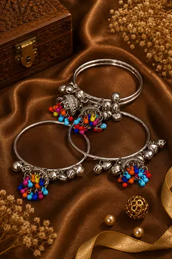 Silver Plated Jhumki Charm Bangle Set for Women