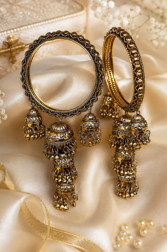 Antique Gold Plated Jhumki Charm Bangle Set