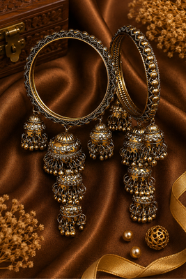 Antique Gold Plated Jhumki Charm Bangle Set 2