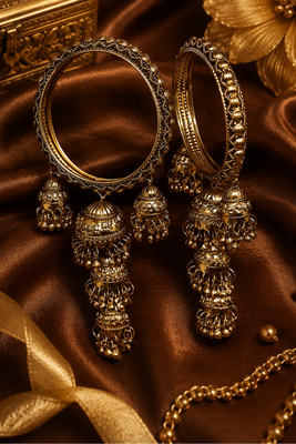 Antique Gold Plated Jhumki Charm Bangle Set 3