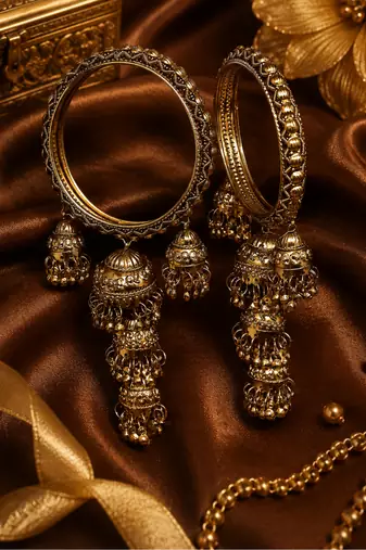 Antique Gold Plated Jhumki Charm Bangle Set