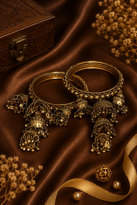 Antique Gold Plated Jhumki Charm Bangle Set 4