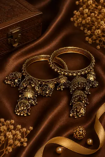 Antique Gold Plated Jhumki Charm Bangle Set