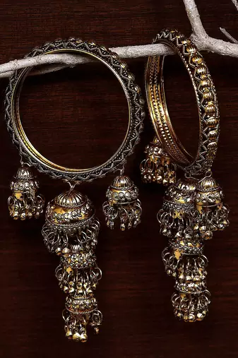 Antique Gold Plated Jhumki Charm Bangle Set