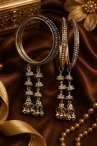 Antique Gold Plated Stone Studded Jhumki Bangle