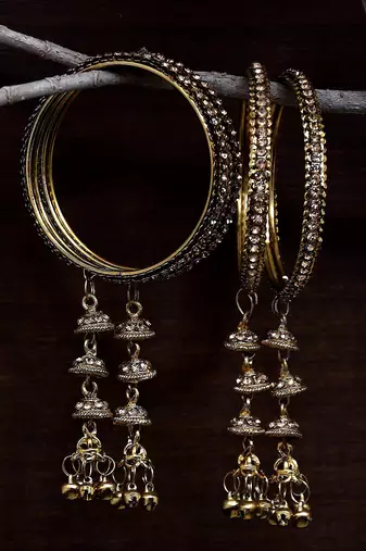 Antique Gold Plated Stone Studded Jhumki Bangle