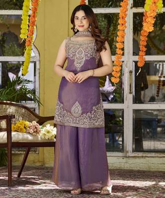 Purple fandy satin embroidered kurta set for women with palazzo dupatta 1