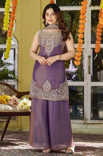 Purple fandy satin embroidered kurta set for women with palazzo dupatta