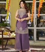 Purple fandy satin embroidered kurta set for women with palazzo dupatta
