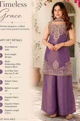 Purple fandy satin embroidered kurta set for women with palazzo dupatta