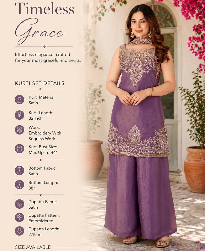 Purple fandy satin embroidered kurta set for women with palazzo dupatta