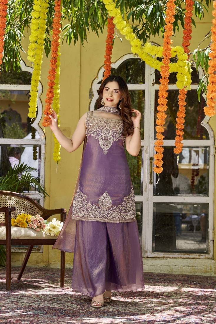 Purple fandy satin embroidered kurta set for women with palazzo dupatta