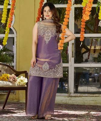 Purple fandy satin embroidered kurta set for women with palazzo dupatta 4