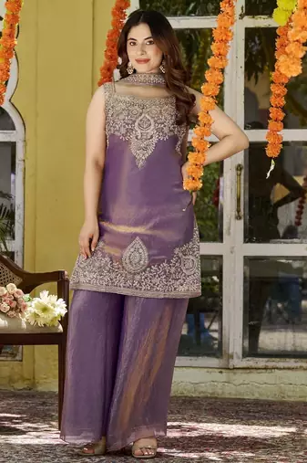 Purple fandy satin embroidered kurta set for women with palazzo dupatta