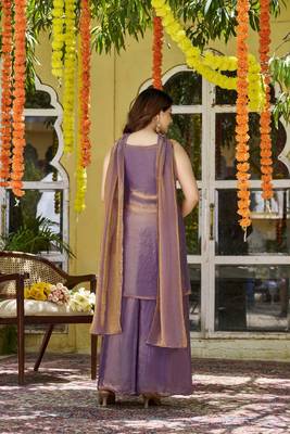 Purple fandy satin embroidered kurta set for women with palazzo dupatta 5