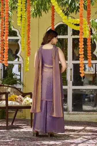 Purple fandy satin embroidered kurta set for women with palazzo dupatta