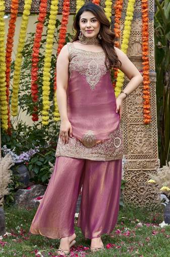 Pink fandy satin embroidered kurta set for women with palazzo dupatta
