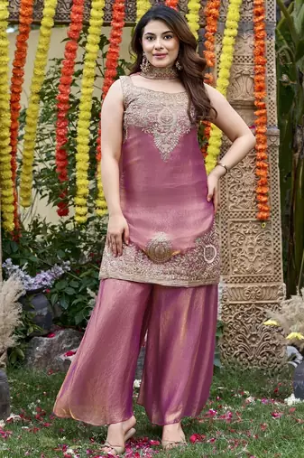 Pink fandy satin embroidered kurta set for women with palazzo dupatta