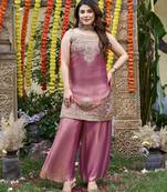 Pink fandy satin embroidered kurta set for women with palazzo dupatta