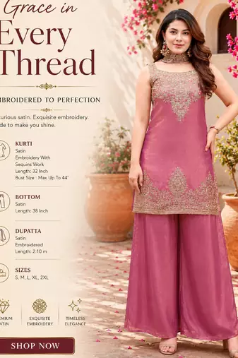 Pink fandy satin embroidered kurta set for women with palazzo dupatta