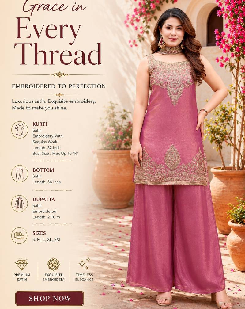 Pink fandy satin embroidered kurta set for women with palazzo dupatta