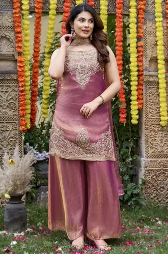 Pink fandy satin embroidered kurta set for women with palazzo dupatta