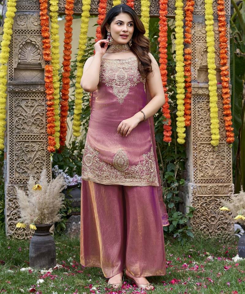 Pink fandy satin embroidered kurta set for women with palazzo dupatta