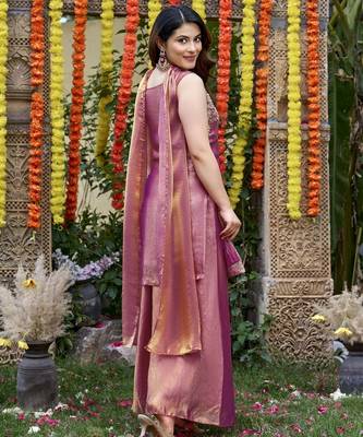 Pink fandy satin embroidered kurta set for women with palazzo dupatta 4
