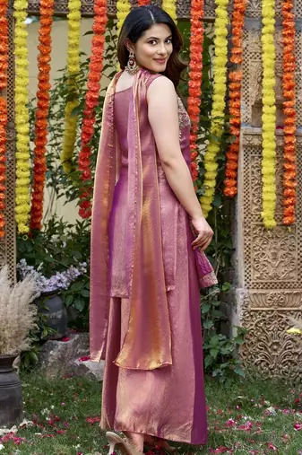 Pink fandy satin embroidered kurta set for women with palazzo dupatta