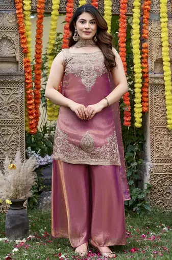 Pink fandy satin embroidered kurta set for women with palazzo dupatta