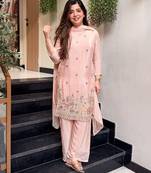 Peach crepe embroidered kurta set for women with pant and dupatta
