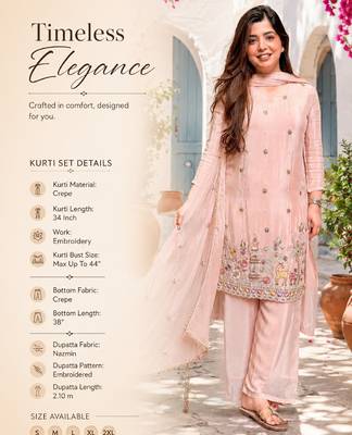 Peach crepe embroidered kurta set for women with pant and dupatta 2