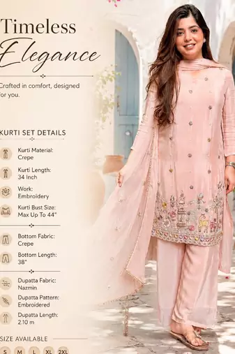 Peach crepe embroidered kurta set for women with pant and dupatta