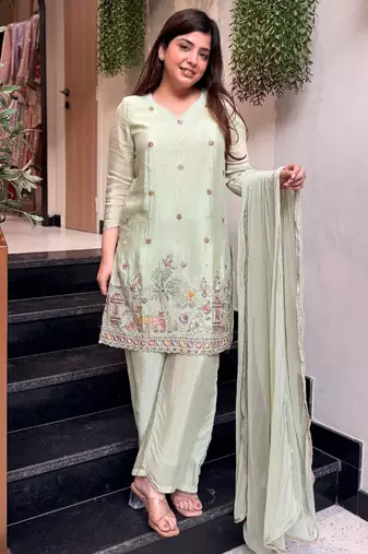 Pista crepe embroidered kurta set for women with pant and dupatta