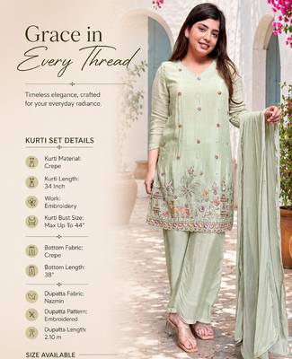 Pista crepe embroidered kurta set for women with pant and dupatta 2