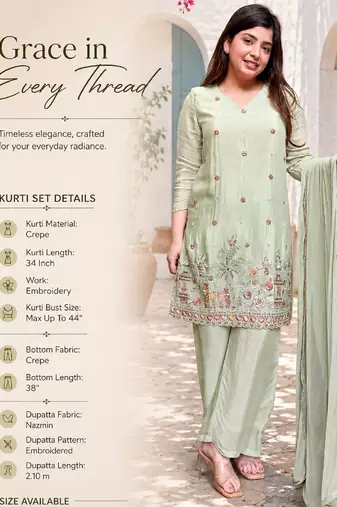 Pista crepe embroidered kurta set for women with pant and dupatta