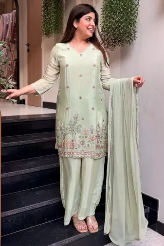 Pista crepe embroidered kurta set for women with pant and dupatta