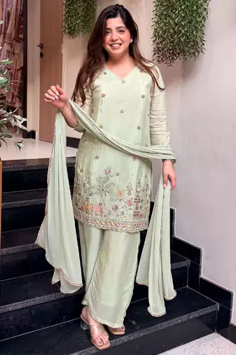 Pista crepe embroidered kurta set for women with pant and dupatta