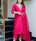 Pink chanderi embroidered kurta set for women with pant and dupatta
