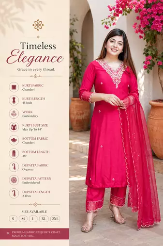 Pink chanderi embroidered kurta set for women with pant and dupatta