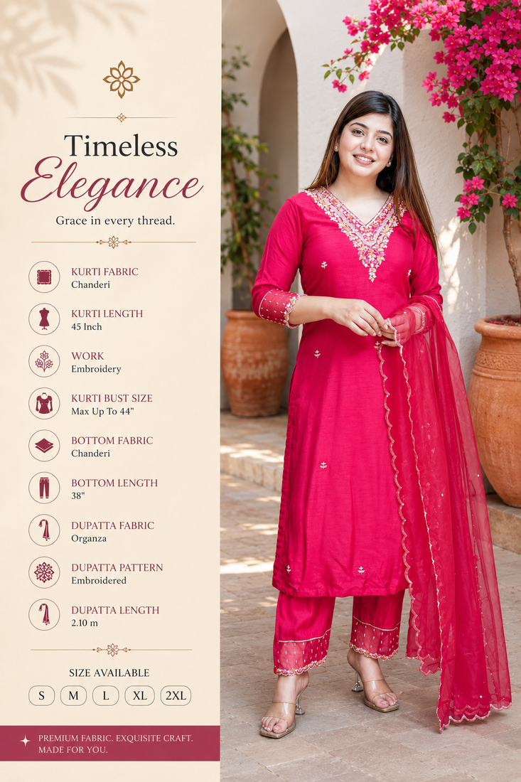 Pink chanderi embroidered kurta set for women with pant and dupatta