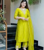 Lemon chanderi embroidered kurta set for women with pant and dupatta